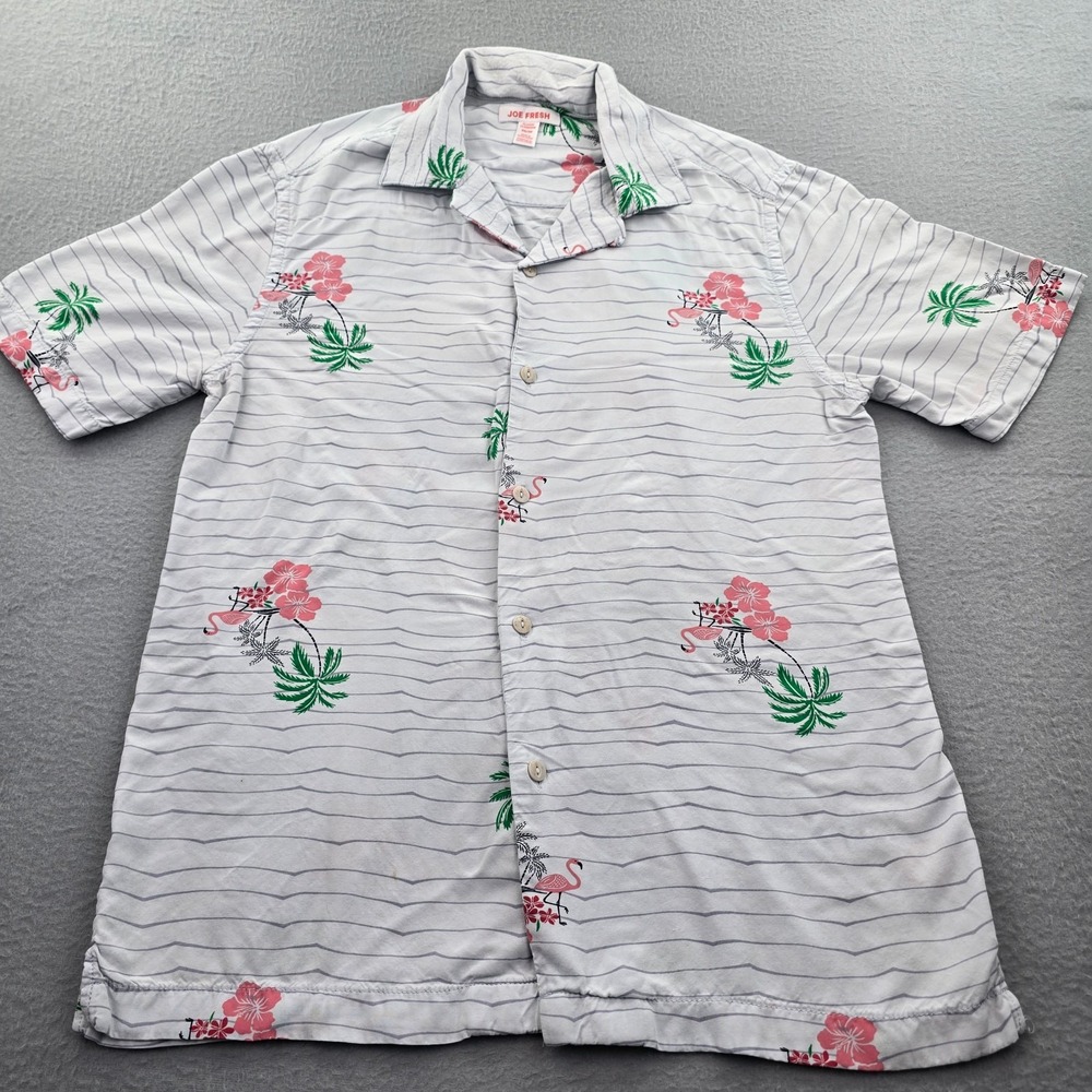 Joe Fresh Hawaiian Shirt Mens XS Light Blue Striped Flamingo Palm Tree Viscose